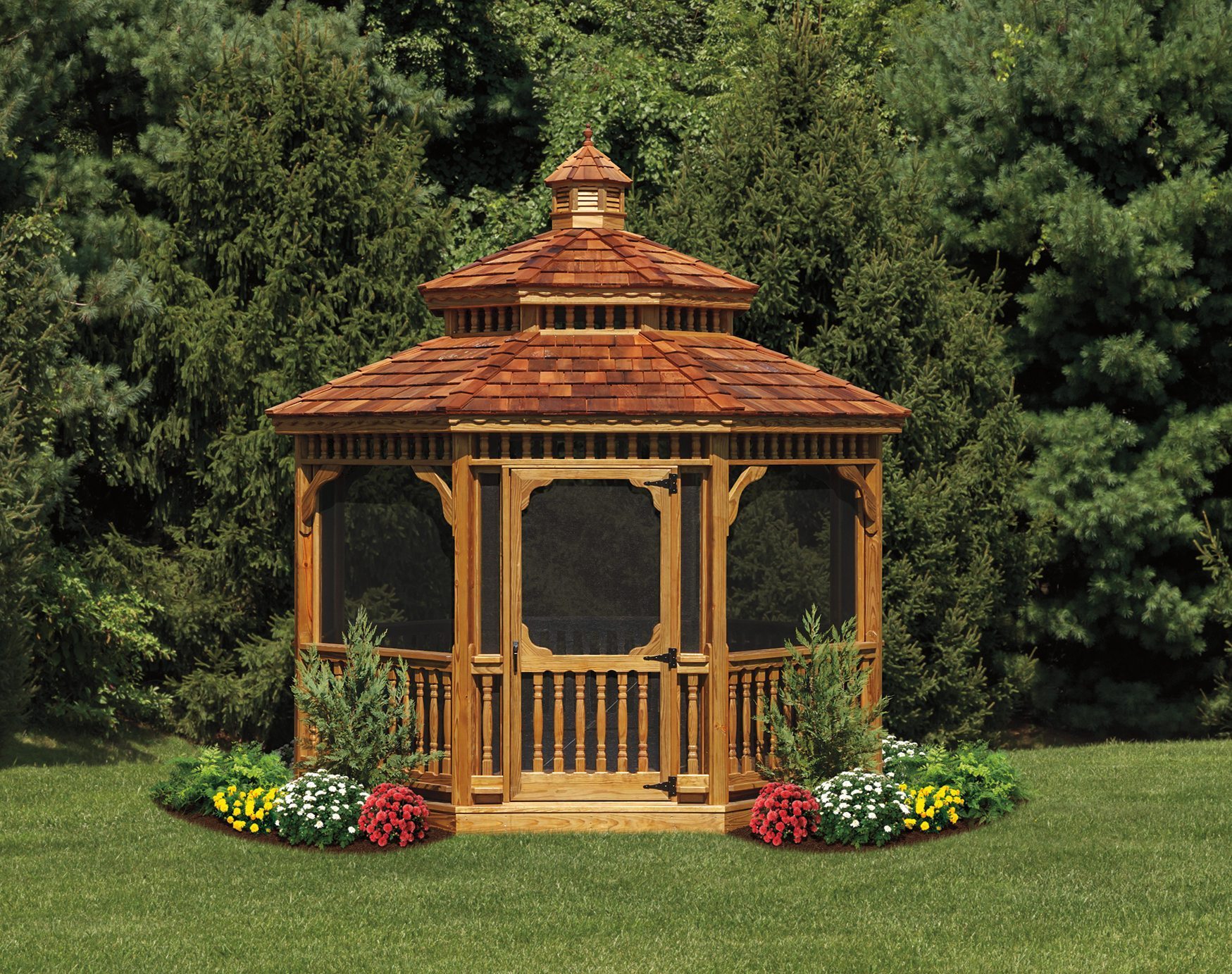 Wood gazebo with screens and door.