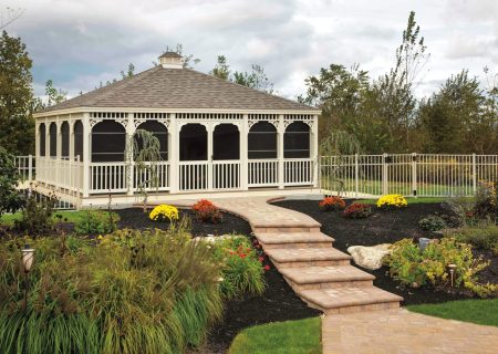 Classic rectangular almond vinyl gazebo with screens.