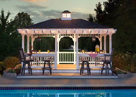 Gazebo lit up at night.