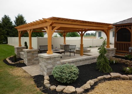 Wooden pergola with cedar stain.