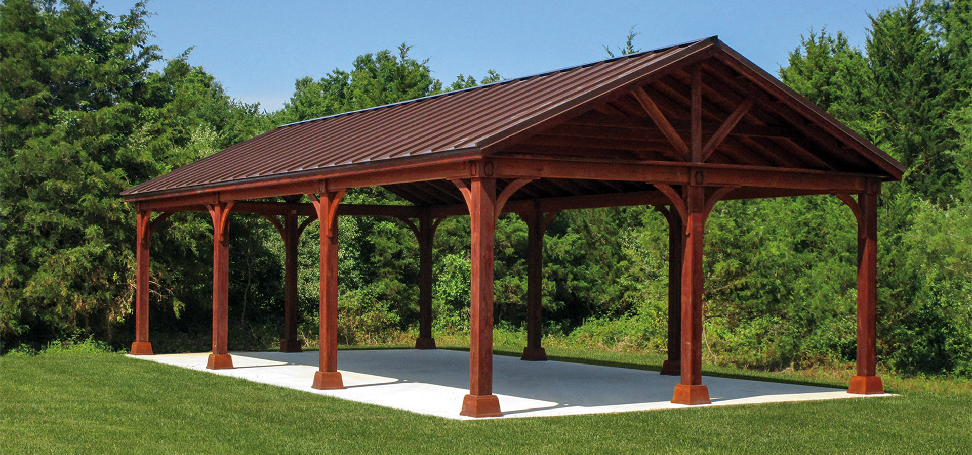 20x40 Wood Pavilion Open A-Frame Gable Canyon Brown Stain Mansard Brown Standing Seam Metal Roof.