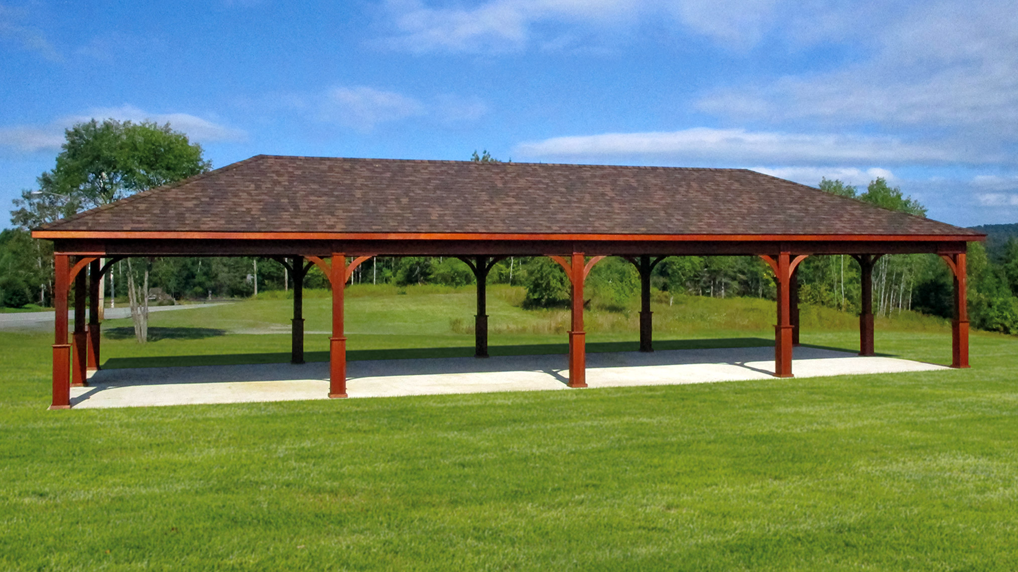 24x60 Large Wood Pavilion Superior Posts Canyon Brown Stain Autumn Brown Shingles